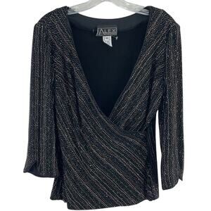 Alex Black & Silver Metallic Faux-Wrap Blouse Women’s M Acetate Blend Preowned